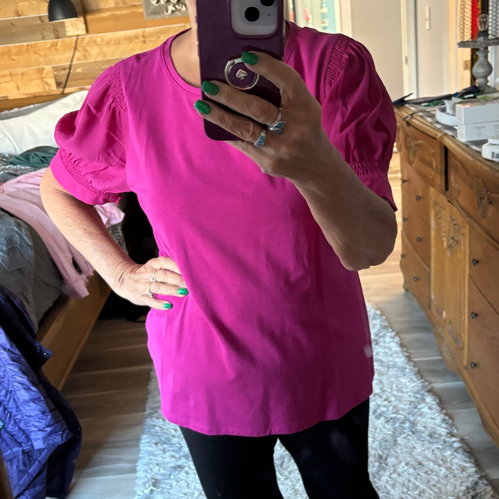 Talbots Women's Fuchsia With Sheer Puff-Sleeve Topsize Large.